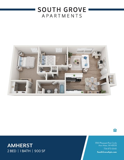 Floor plan for 2 beds, 1 bath, 900 sqft